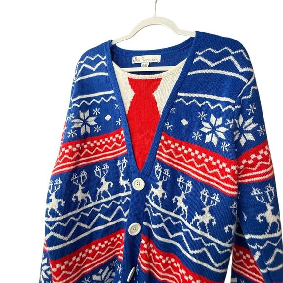 Jolly Sweaters Size XL Unisex Ugly Sweater Tie Pull over Blue Red White - Picture 3 of 4